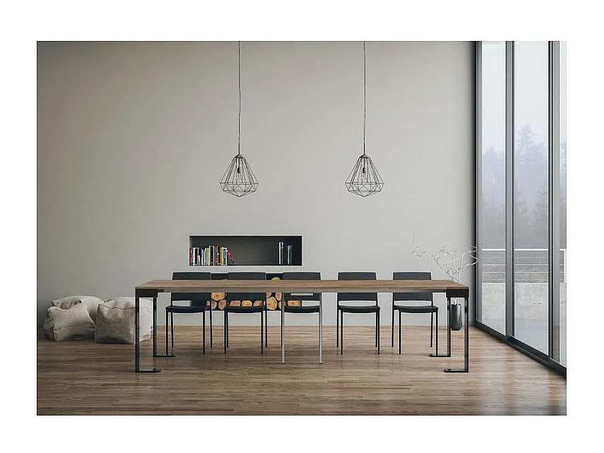 Console extensible bois et acier Tiko 90x40-196 ou 90x40-300-Couleur Naturel-Support 2 pieds-3 rallonges