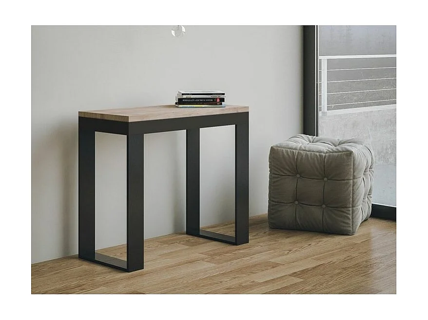 Console extensible bois et acier Tiko 90x40-196 ou 90x40-300-Couleur Naturel-Support 2 pieds-3 rallonges