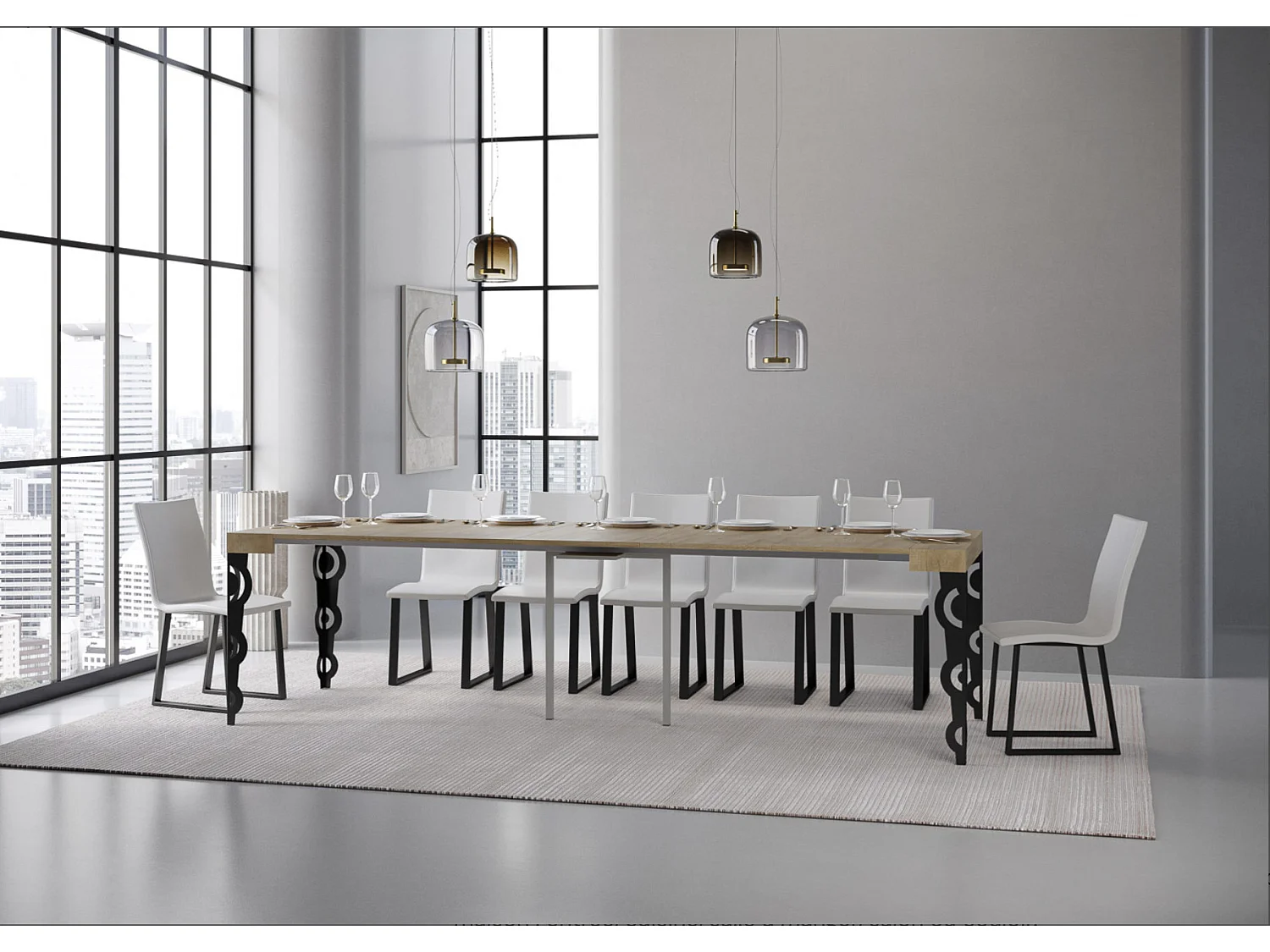 Console extensible style orientale Kazay 90x40-196 ou 90x40-300-Couleur Naturel-Support 2 pieds-5 rallonges fines