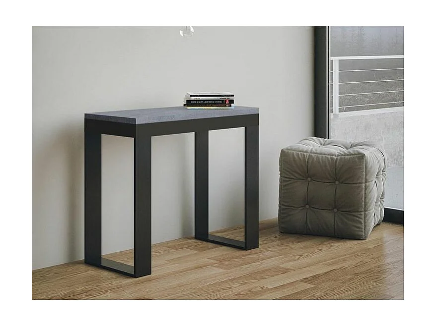 Console extensible bois et acier Tiko 90x40-196 ou 90x40-300-Couleur Gris ciment-Support 2 pieds-3 rallonges