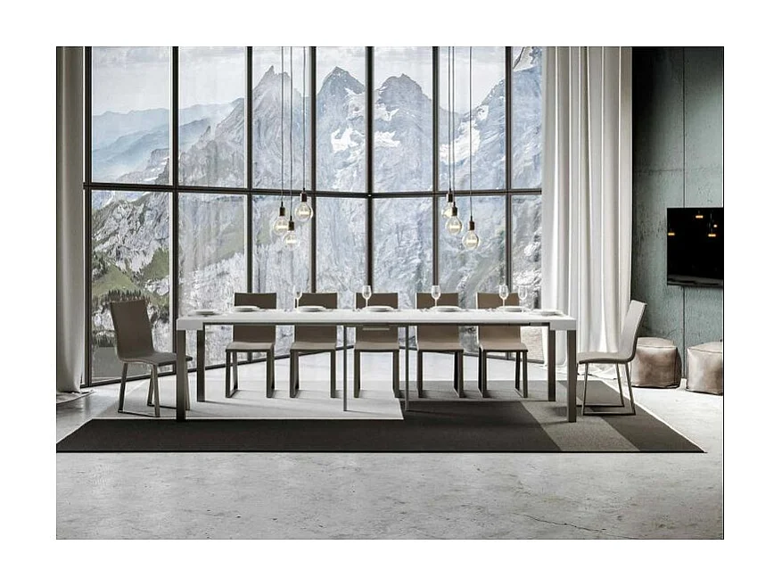 Consola extensible en madera y acero antracita Elvira 90x40/196 o 90x40/300 cm-Color Blanco-Base y soporte con ruedas-Alargaderas 5 extensiones