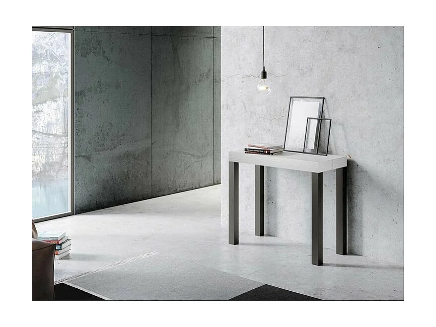 Consola extensible en madera y acero antracita Elvira 90x40/196 o 90x40/300 cm-Color Blanco-Base y soporte con ruedas-Alargaderas 5 extensiones