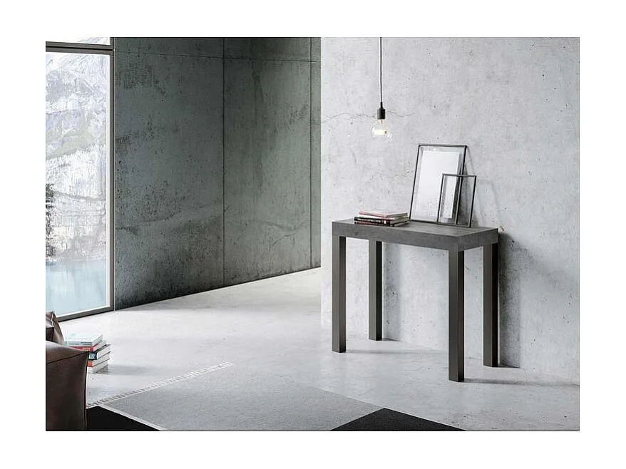 Uitschuifbare console in hout en antraciet staal Elvira 90x40/196 of 90x40/300 cm-Kleur Cementgrijs-Voet en steun op zwenkwielen-Verlengsnoeren 5 uitbreidingen