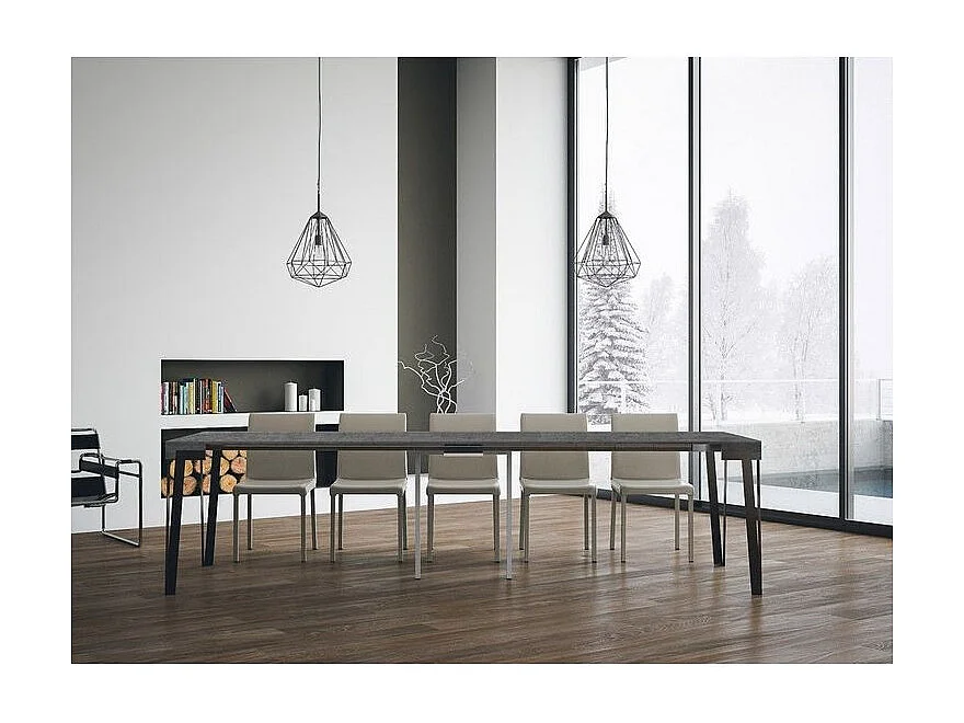 Console extensible design bois et acier anthracite Konta 90x40-196 ou 90x40-300-Couleur Gris ciment-Support 4 pieds-5 rallonges fines