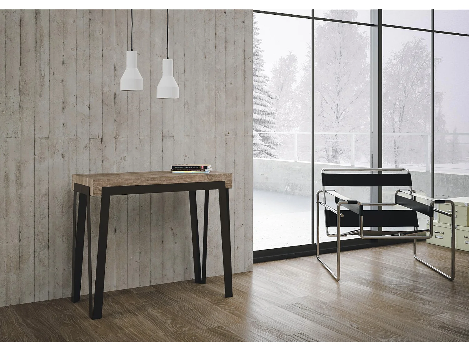 Console extensible design bois et acier anthracite Konta 90x40-196 ou 90x40-300-Couleur Gris ciment-Support 4 pieds-5 rallonges fines