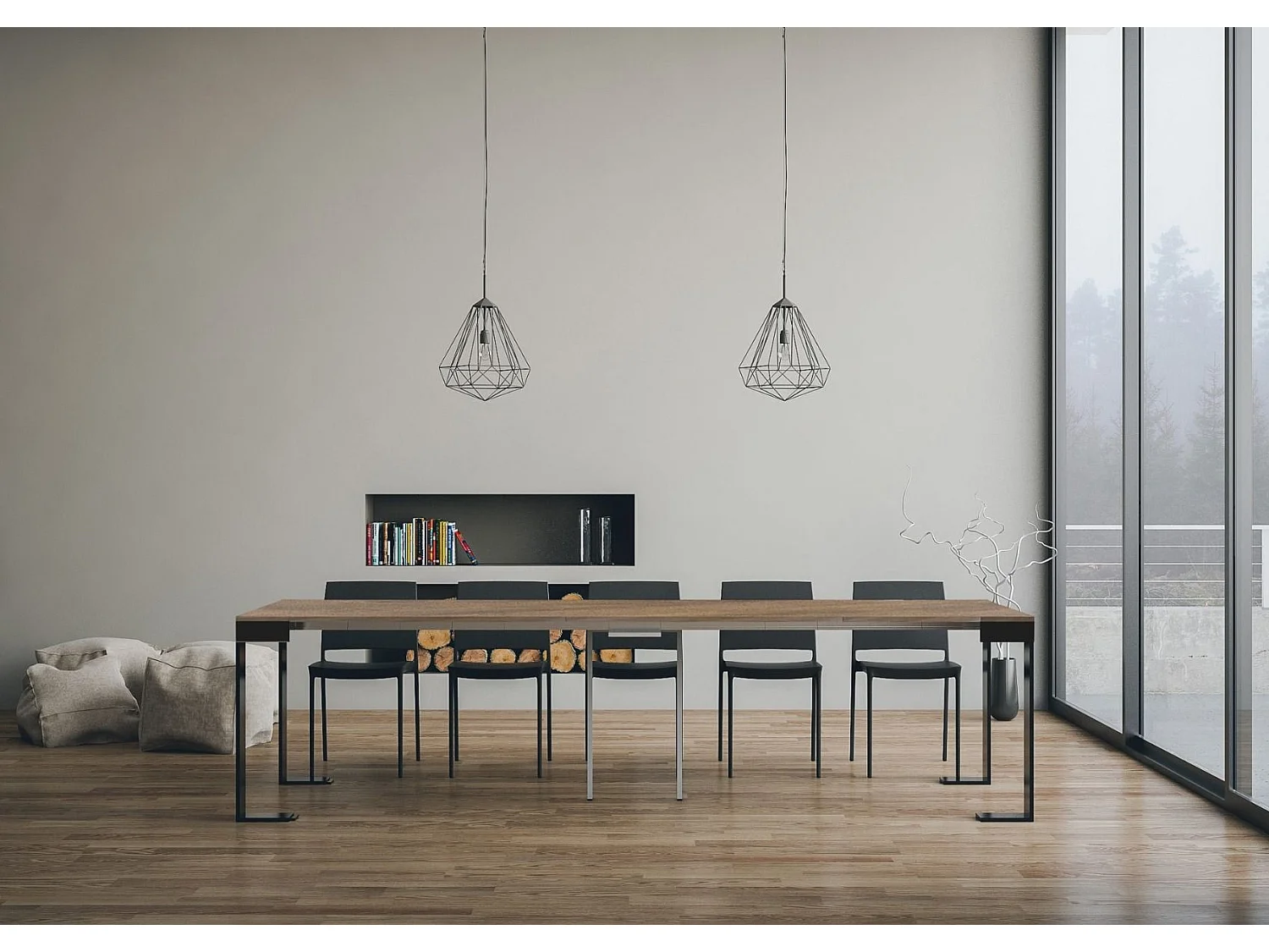 Console extensible bois et acier Tiko 90x40-196 ou 90x40-300-Couleur Naturel-Support 4 pieds-3 rallonges