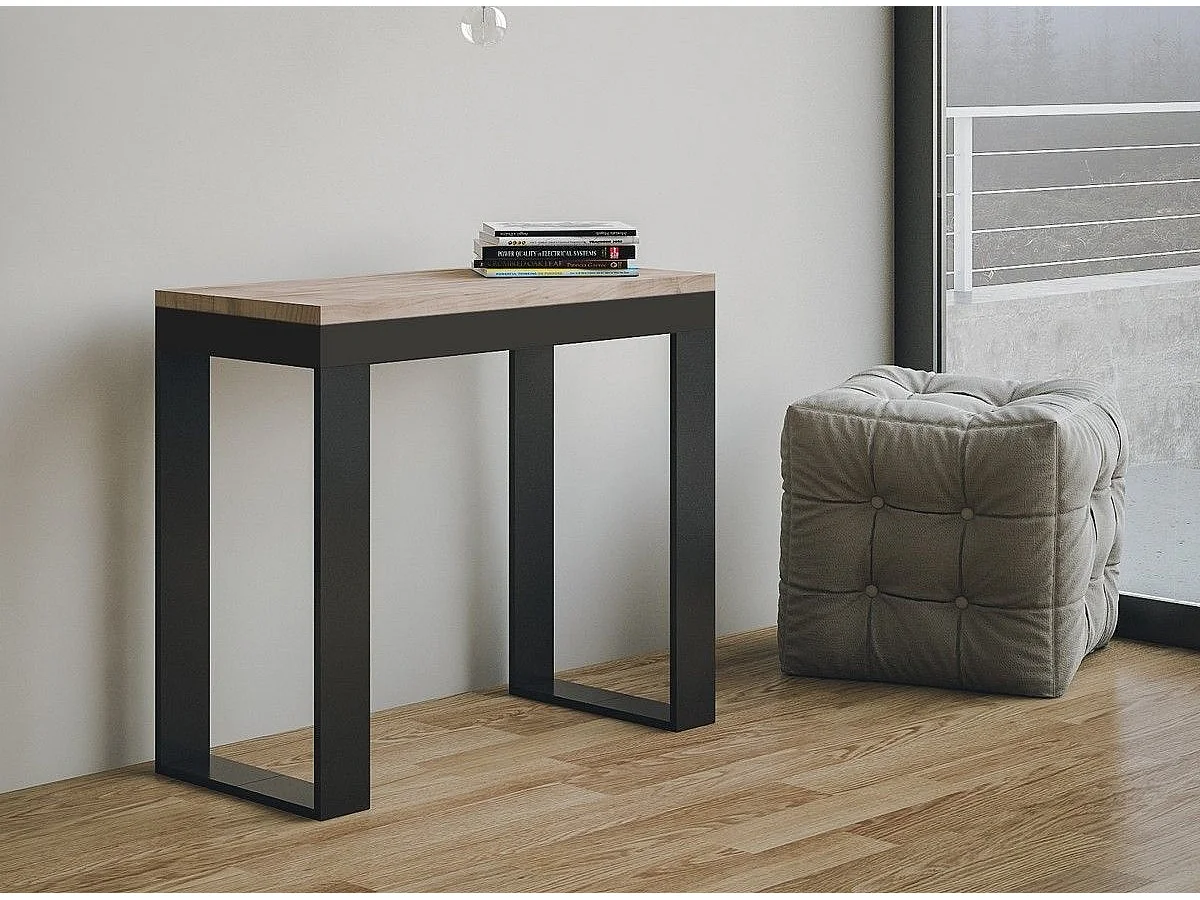 Console extensible bois et acier Tiko 90x40-196 ou 90x40-300-Couleur Naturel-Support 4 pieds-3 rallonges