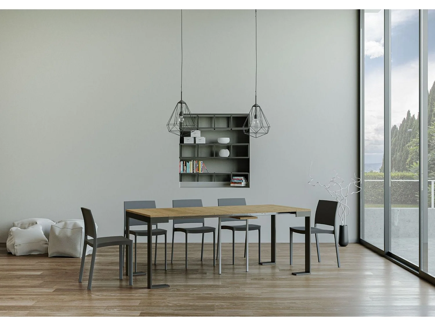 Console extensible bois et acier Tiko 90x40-196 ou 90x40-300-Couleur Naturel-Support 4 pieds-3 rallonges