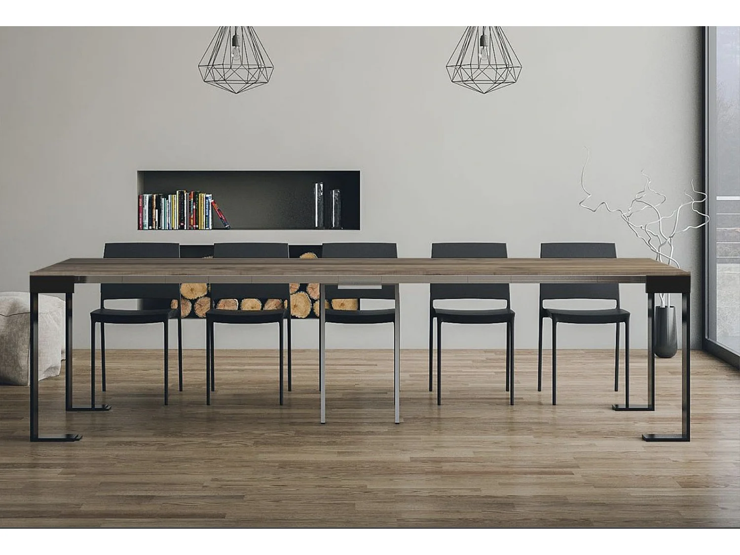 Console extensible bois et acier Tiko 90x40-196 ou 90x40-300-Couleur Naturel-Support 4 pieds-3 rallonges