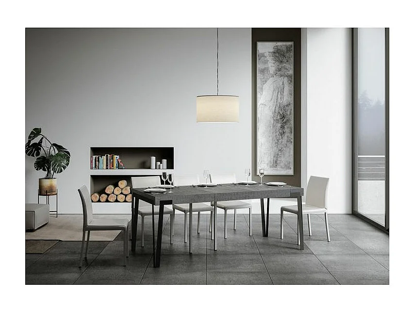 Console extensible design bois et acier anthracite Konta 90x40-196 ou 90x40-300-Couleur Gris ciment-Support 2 pieds-5 rallonges épaisses