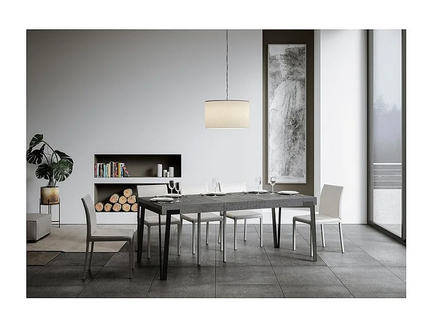 Console extensible design bois et acier anthracite Konta 90x40-196 ou 90x40-300-Couleur Gris ciment-Support 4 pieds-3 rallonges épaisses