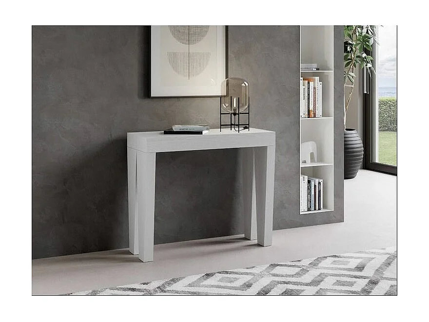 Console extensible en bois Sambo 90x40-196 ou 90x40-300-Couleur Blanc-Pied et support sur roulettes-3 rallonges