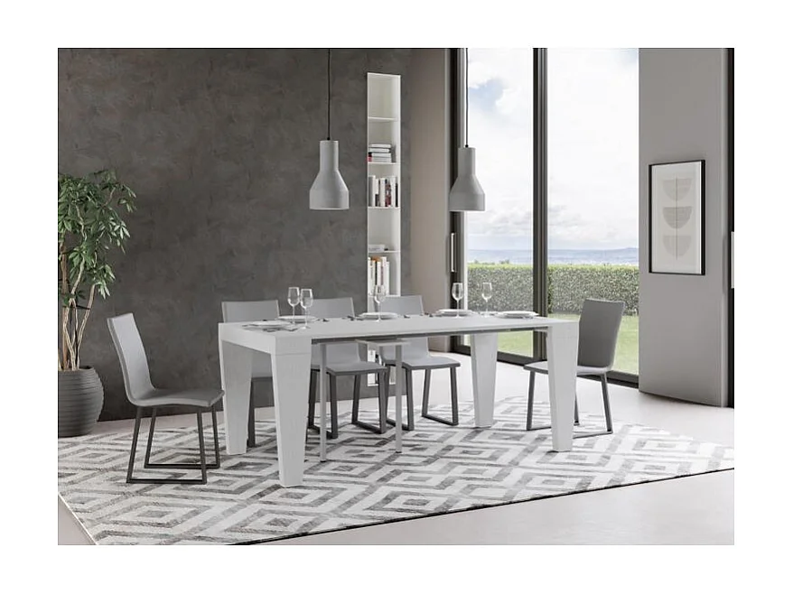 Console extensible en bois Sambo 90x40-196 ou 90x40-300-Couleur Blanc-Pied et support sur roulettes-3 rallonges