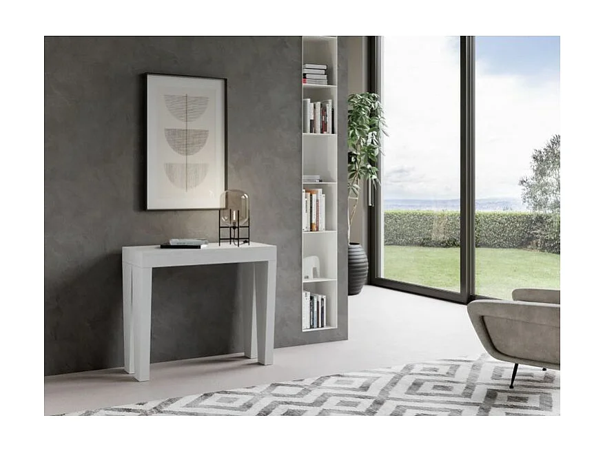 Console extensible en bois Sambo 90x40-196 ou 90x40-300-Couleur Blanc-Pied et support sur roulettes-3 rallonges