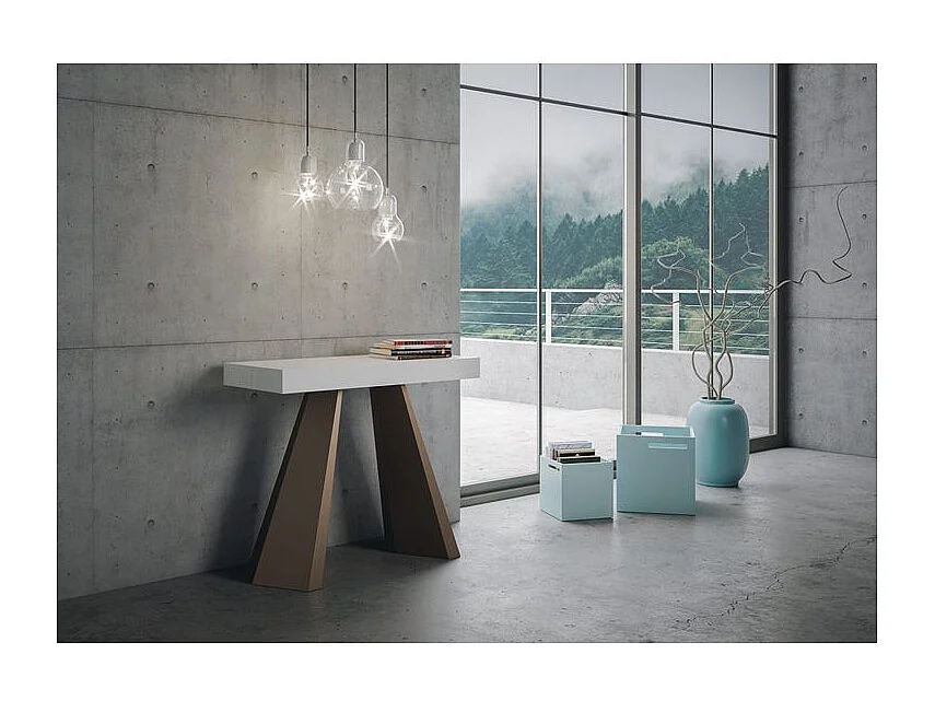 Consola extensible de diseño Diva en madera y acero marrón 90x40/196 o 90x40/300 cm-Color Blanco-5 alargaderas gruesas