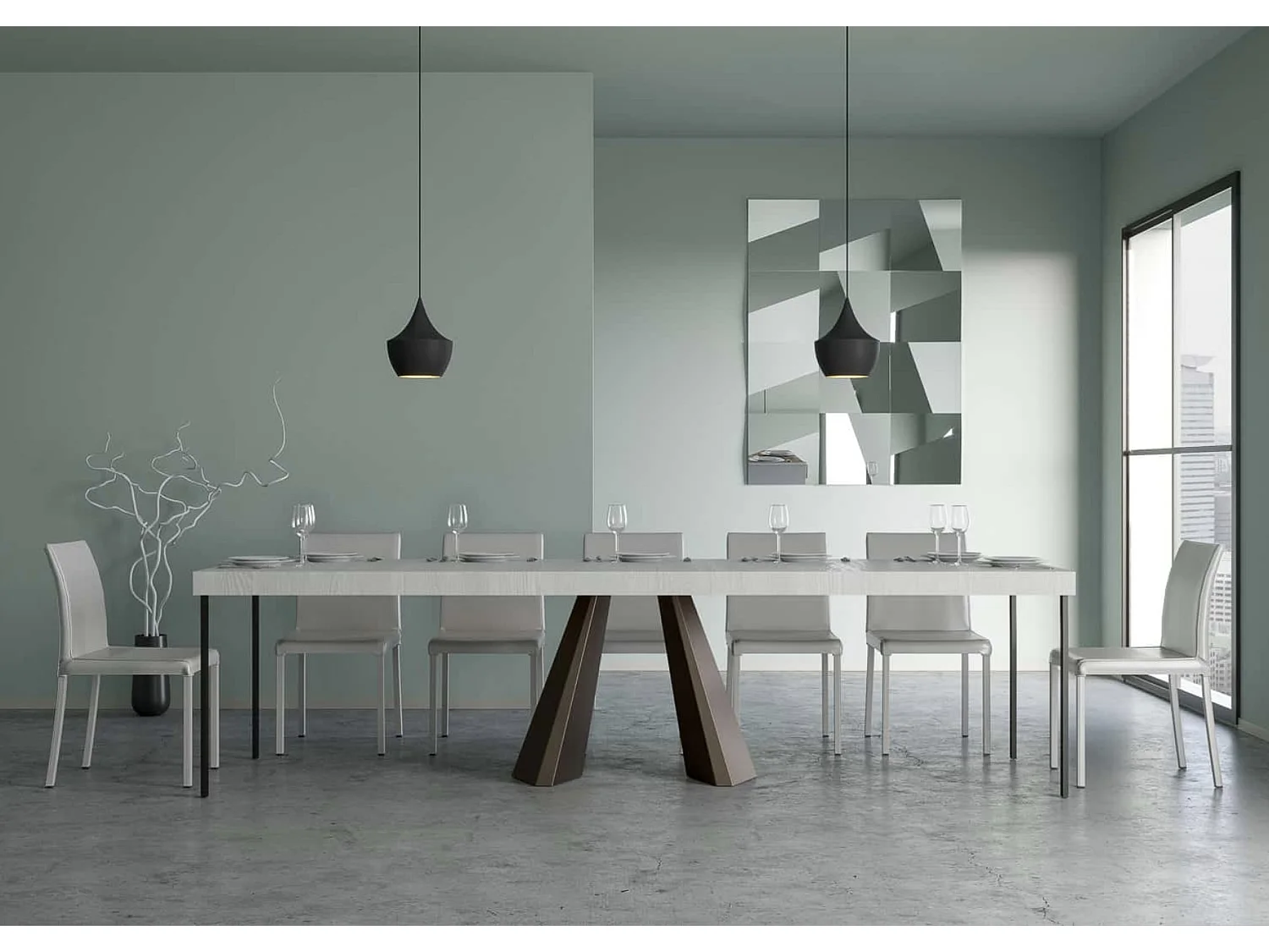 Consola extensible de diseño Diva en madera y acero marrón 90x40/196 o 90x40/300 cm-Color Blanco-5 alargaderas gruesas