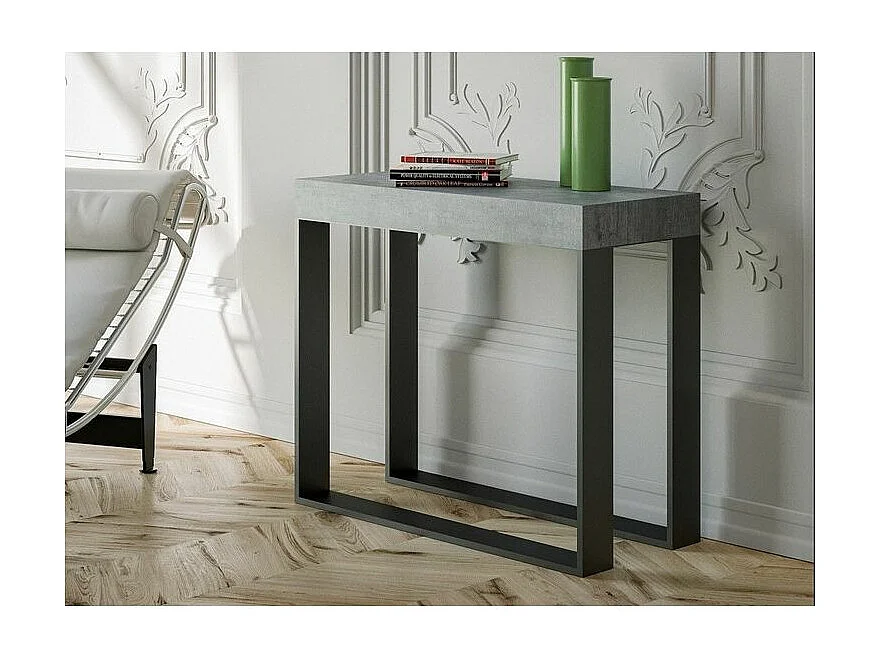 Console extensible bois et 2 pieds acier anthracite Elatra 90x40-196 ou 90x40-300-Couleur Gris ciment-Pied et support sur roulettes-5 rallonges fines
