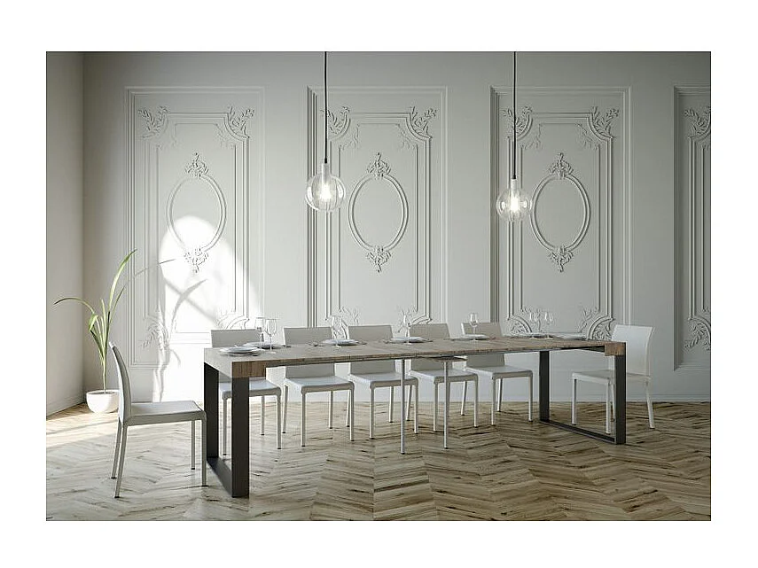 Console extensible bois et 2 pieds acier anthracite Elatra 90x40-196 ou 90x40-300-Couleur Gris ciment-Pied et support sur roulettes-5 rallonges fines