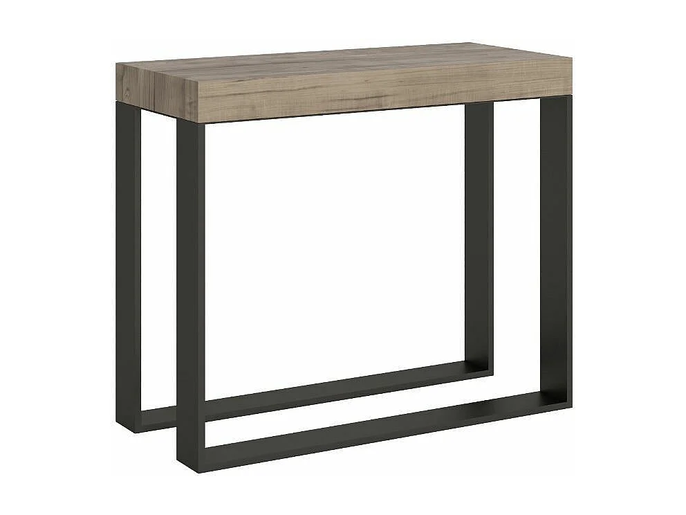 Console extensible bois et 2 pieds acier anthracite Elatra 90x40-196 ou 90x40-300-Couleur Gris ciment-Pied et support sur roulettes-5 rallonges fines