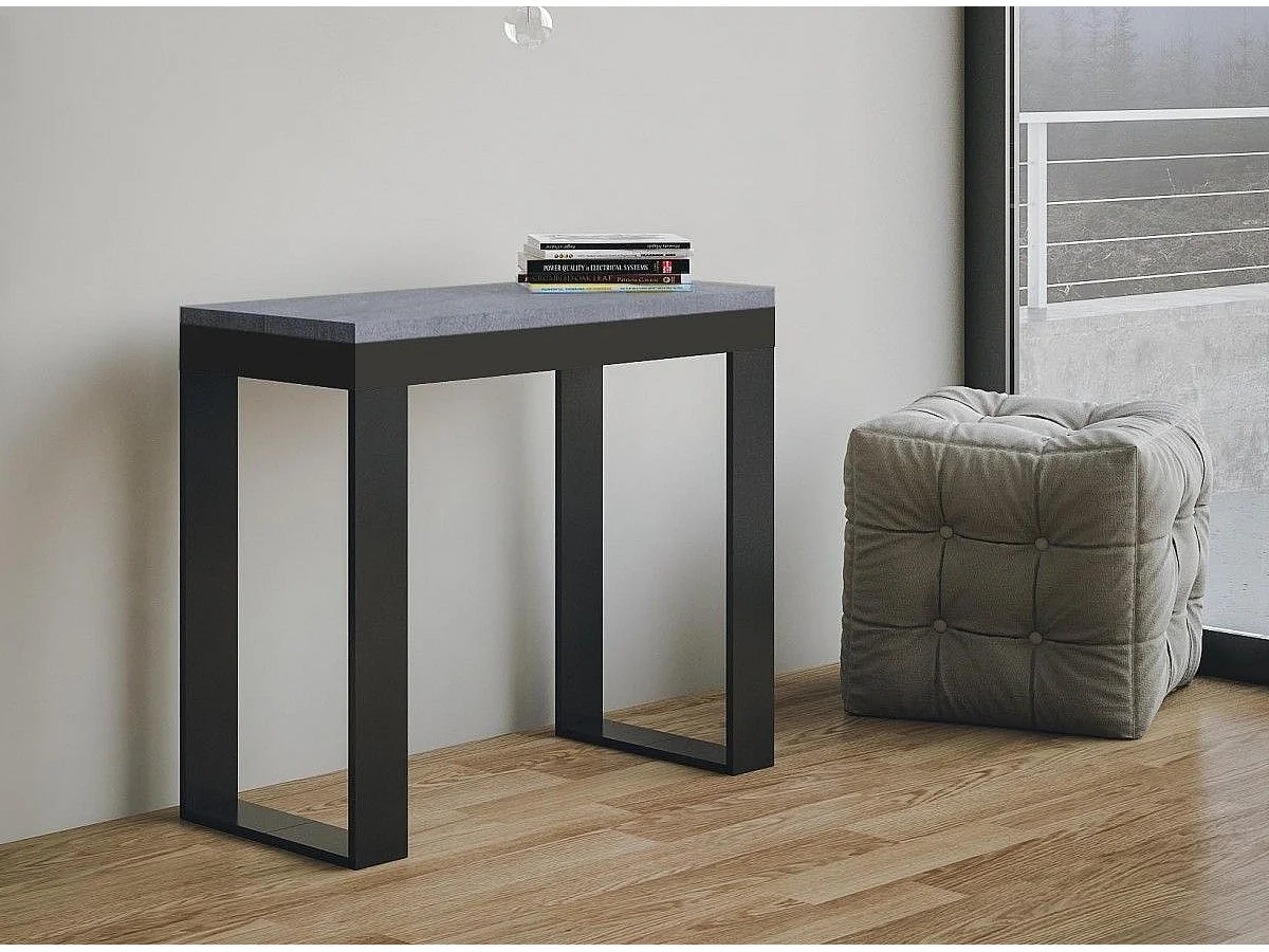 Console extensible bois et acier Tiko 90x40-196 ou 90x40-300-Couleur Gris ciment-Support 4 pieds-3 rallonges