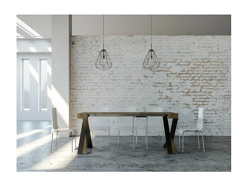 Consola extensible de diseño Diago en madera y patas cruzadas de acero antracita 90x40/196 o 90x40/300 cm-Color Marrón-Base y soporte con ruedas-5 alargaderas finas