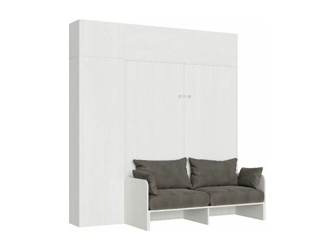 Uitschuifbaar bedkast van 120x190 cm met opbergzuil en bovenkasten met Kanto wit essenhouten meubilair