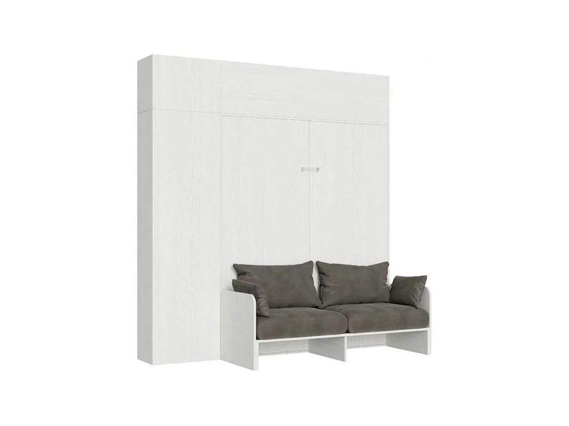 Armoire lit 120x190 escamotable avec colonne de rangement et éléments hauts avec mobilier bois frêne blanc Kanto
