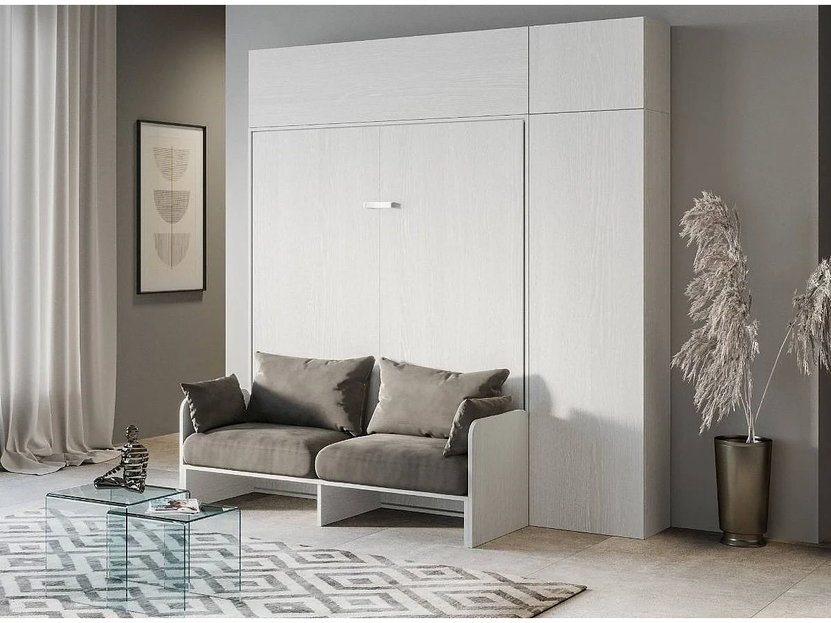 Mueble cama retráctil de 120x190 cm con columna contenedor y muebles altos con mueble de madera de fresno blanco Kanto