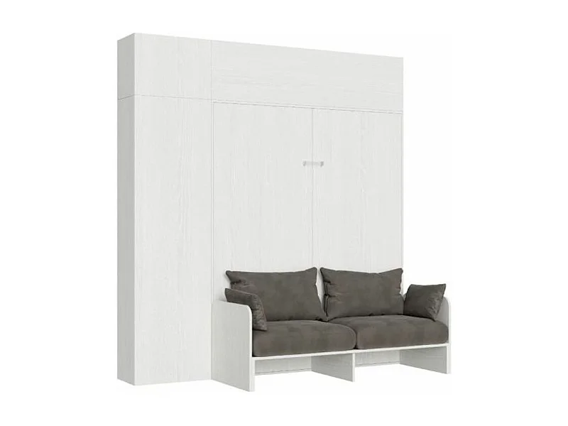Armoire lit 120x190 escamotable avec colonne de rangement et éléments hauts avec mobilier bois frêne blanc Kanto