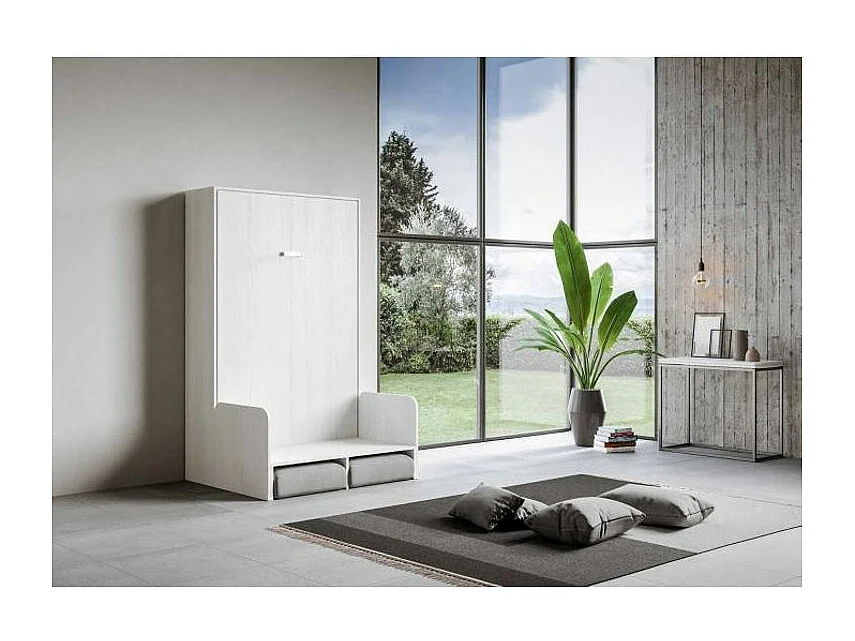 Cama abatible vertical blanca con sofá de tela Bounto 140x190 cm - 32 colores de tela-Sofá 01