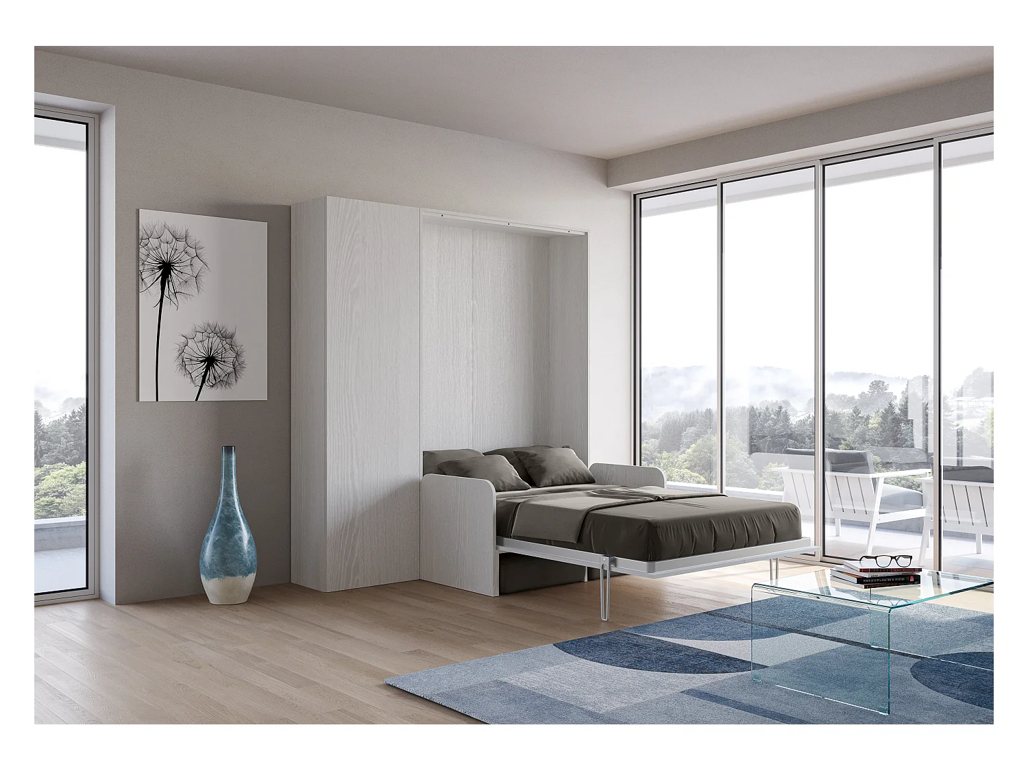 Armoire lit 140x190 avec canapé et colonne de rangement bois blanc Kanto-Couleur Microfibre 06