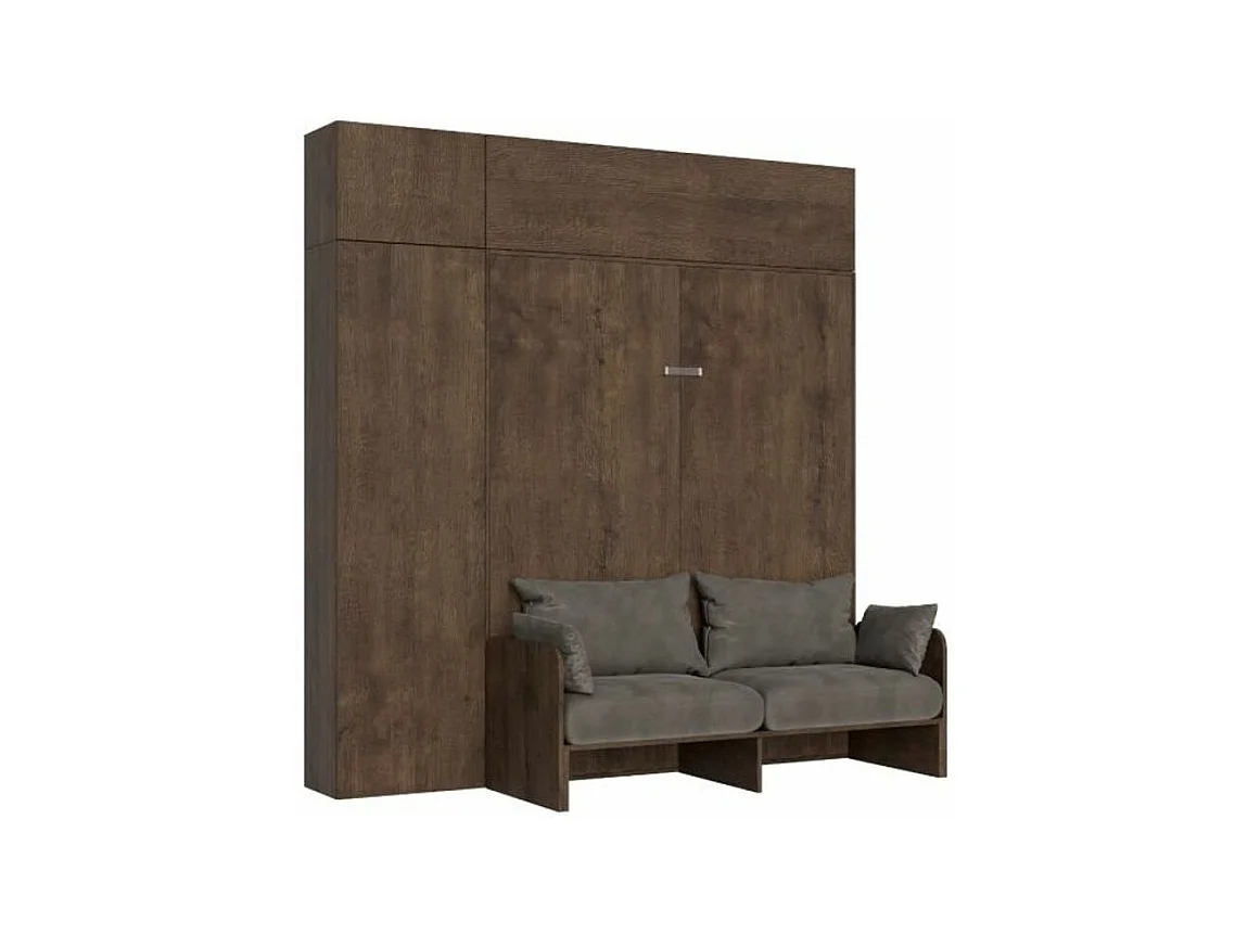 Armoire lit 120x190 escamotable avec colonne de rangement et éléments hauts avec mobilier bois noyer Kanto