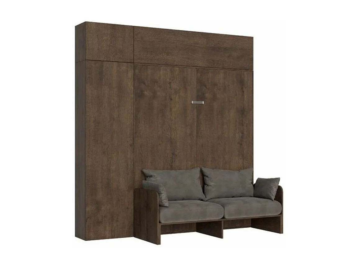 Armoire lit 120x190 escamotable avec colonne de rangement et éléments hauts avec mobilier bois noyer Kanto