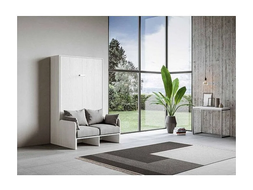 Cama abatible vertical blanca con sofá de tela Bounto 120x190 cm - 32 colores de tela-Color 19