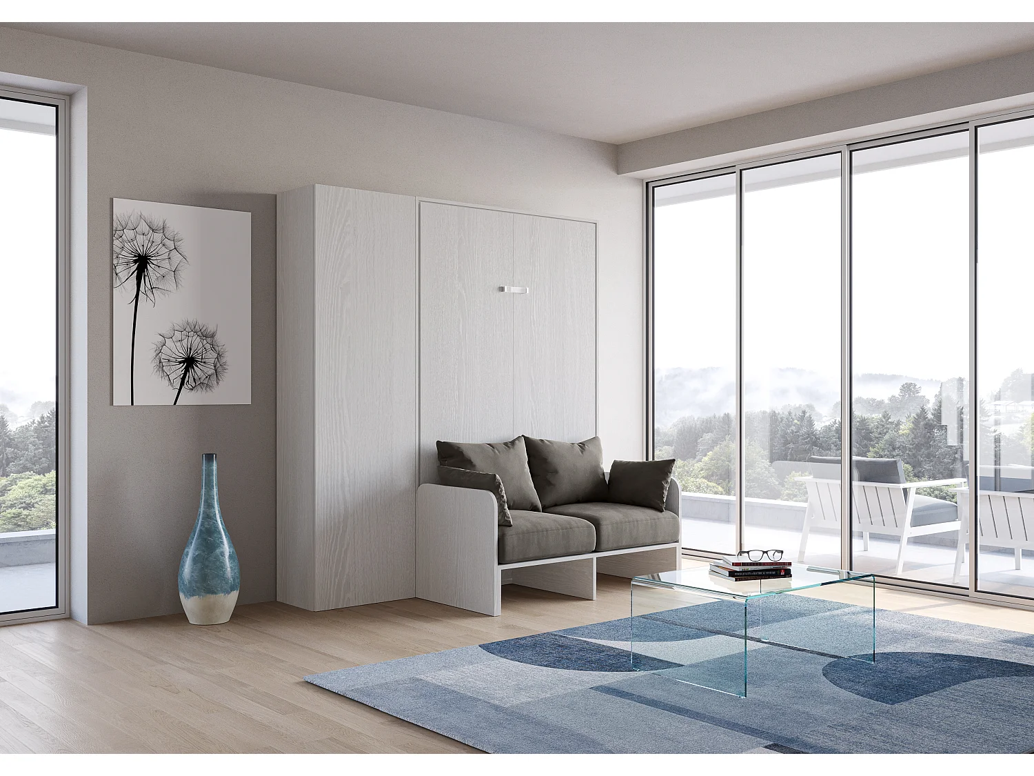 Armoire lit 140x190 avec canapé et colonne de rangement bois blanc Kanto-Couleur Microfibre 12