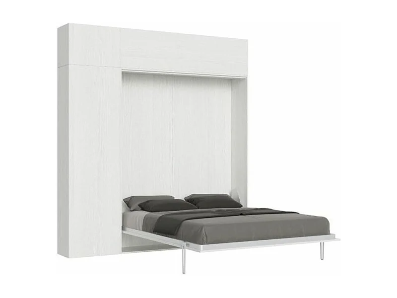 Cama plegable con columna contenedor y muebles altos de fresno blanco, Kanto 160x190 cm