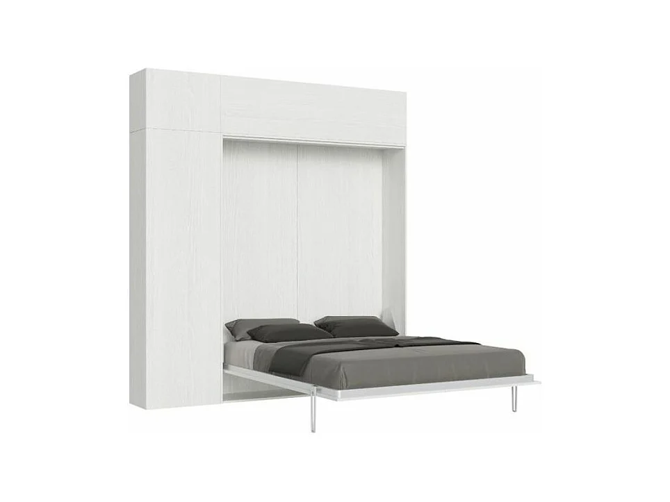 Cama plegable con columna contenedor y muebles altos de fresno blanco, Kanto 160x190 cm