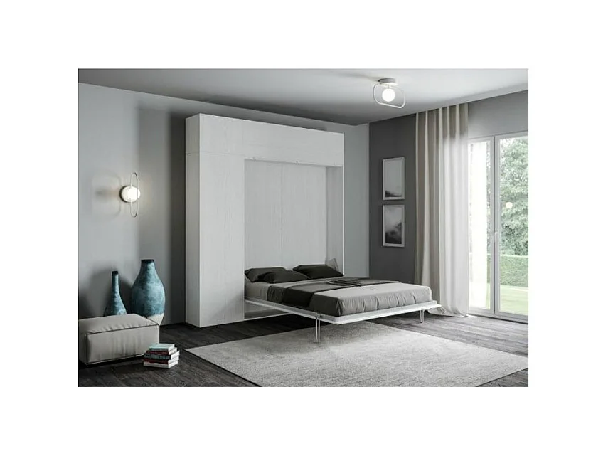 Opklapbed met opbergzuil en witte essenhouten bovenkasten, Kanto 160x190 cm