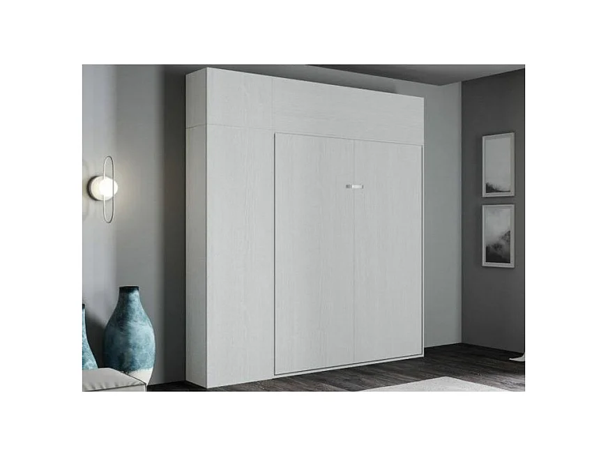 Opklapbed met opbergzuil en witte essenhouten bovenkasten, Kanto 160x190 cm