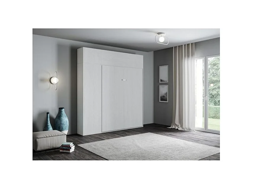 Opklapbed met opbergzuil en witte essenhouten bovenkasten, Kanto 160x190 cm