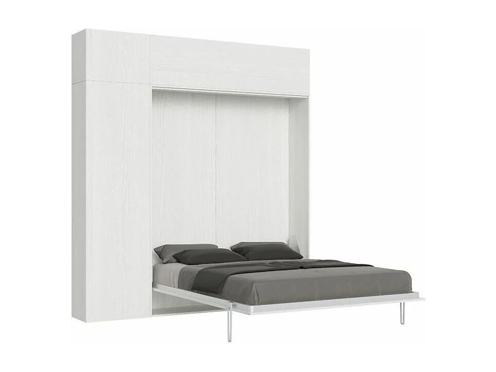 Cama plegable con columna contenedor y muebles altos de fresno blanco, Kanto 160x190 cm