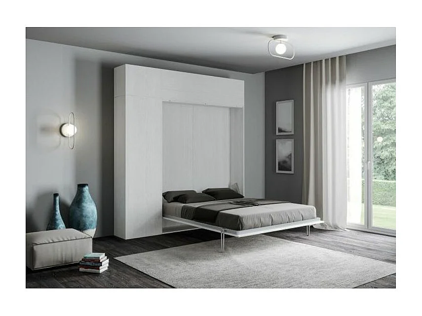 Cama plegable con columna contenedor y muebles altos de fresno blanco, Kanto 160x190 cm