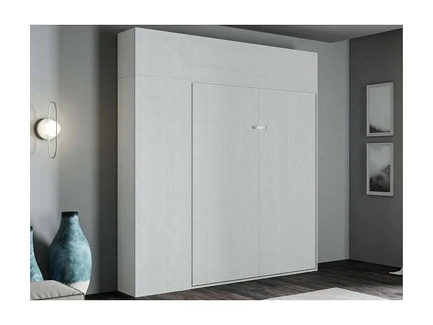 Cama plegable con columna contenedor y muebles altos de fresno blanco, Kanto 160x190 cm