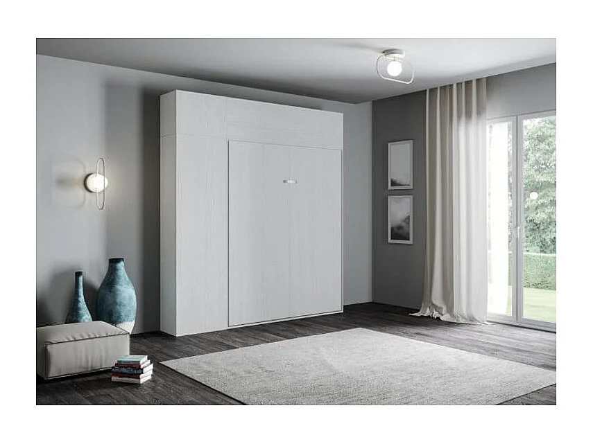 Cama plegable con columna contenedor y muebles altos de fresno blanco, Kanto 160x190 cm