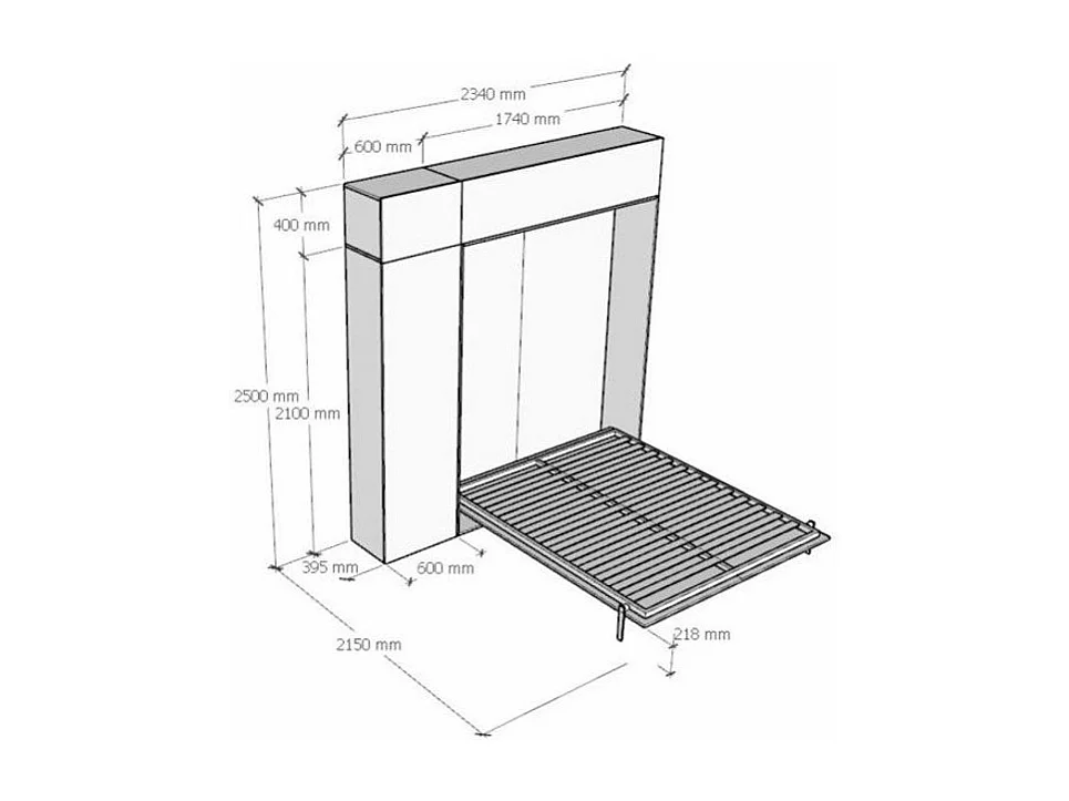 Cama plegable con columna contenedor y muebles altos de fresno blanco, Kanto 160x190 cm