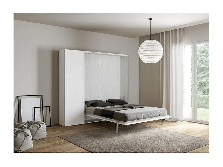 Lit escamotable avec colonne de rangement bois frêne blanc kanto 140x190