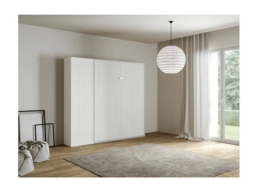 Lit escamotable avec colonne de rangement bois frêne blanc kanto 140x190