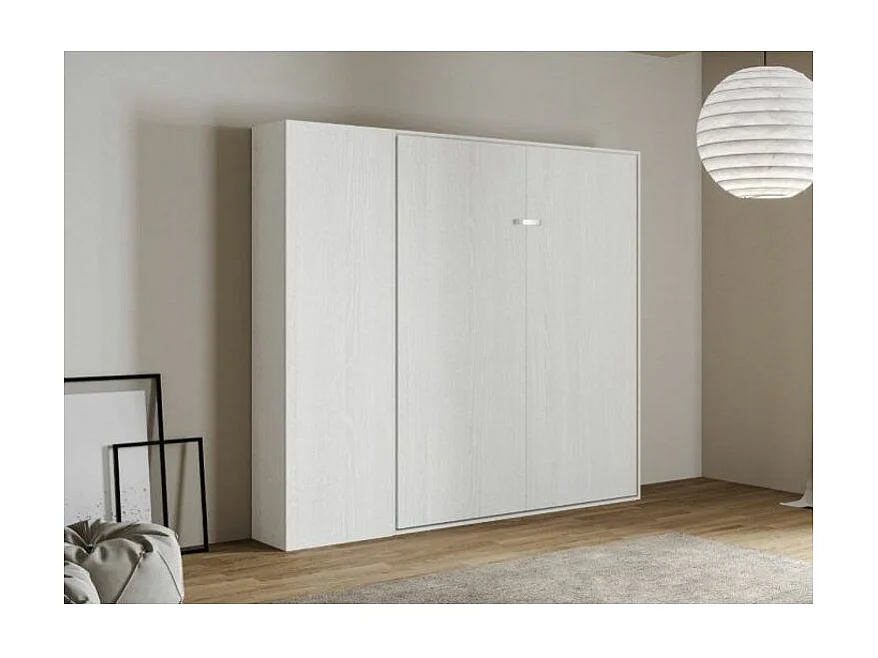 Lit escamotable avec colonne de rangement bois frêne blanc kanto 140x190