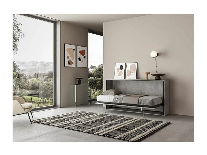 Lit escamotable horizontal gris ciment Bounto 85x185-1 matelas 85x185cm