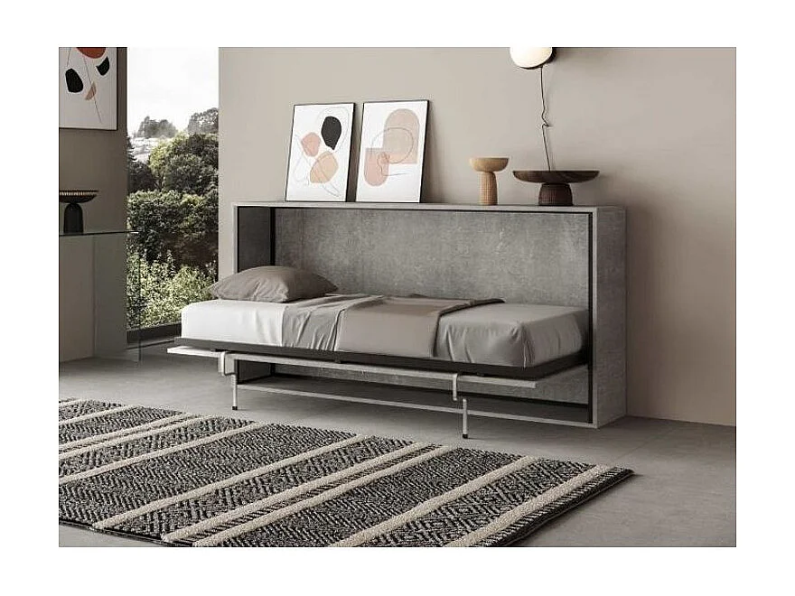 Lit escamotable horizontal gris ciment Bounto 85x185-1 matelas 85x185cm